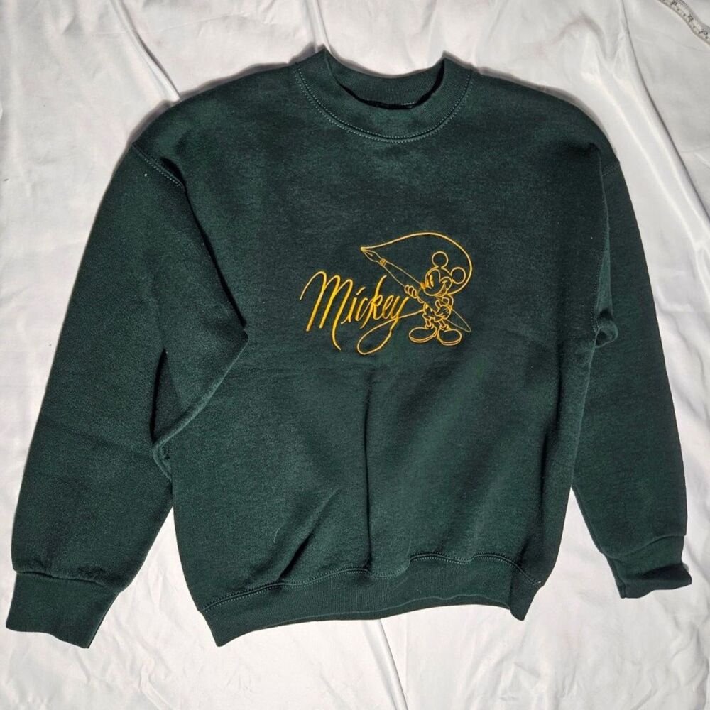 Dark green fleece lined character hoodie, yellow stitched design, sz M mens